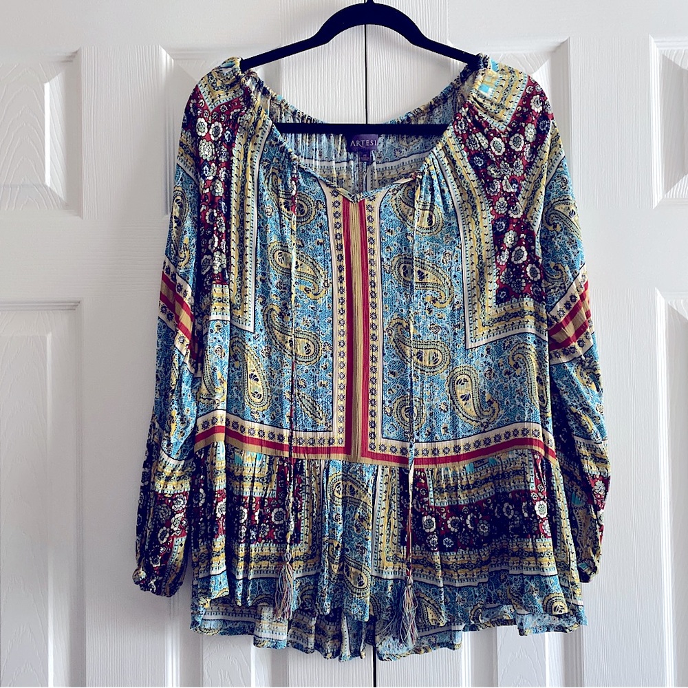 ARTESIA PAISLEY FLORAL LONG SLEEVE BLOUSE TOP BOHO ECLECTIC Multicolor M